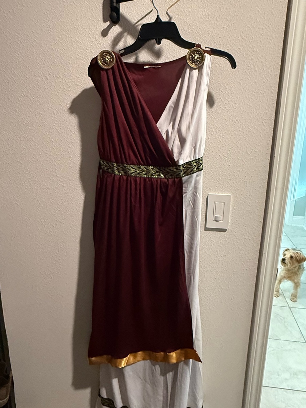 Women's Maroon and White Empire Waist Maxi Dress with Gold Trim